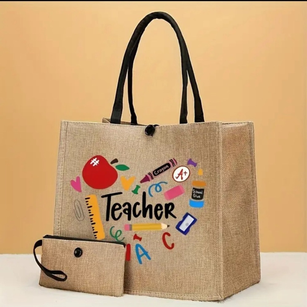 Chic Teacher themed print tote bag with matching coin purse, buckle closure